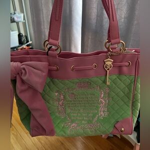 Juicy Couture Pink and Green Quilted Tote with Bow and Key Charm